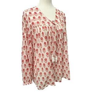 Dolma Red & White Floral Cotton Boho Peasant Top Women’s Sz Medium Tassel Blouse